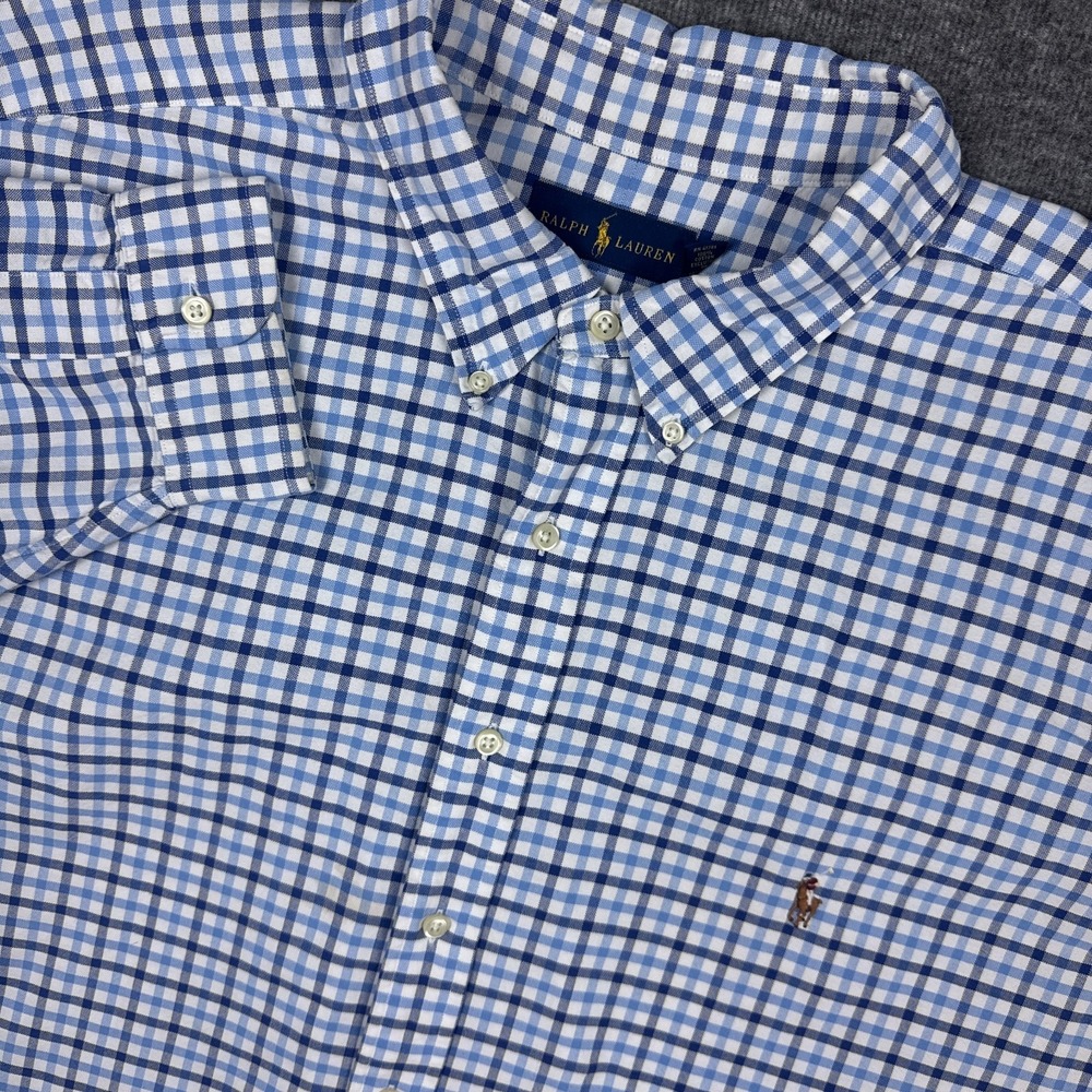 Polo Ralph Lauren Shirt Mens 3XB Big Blue‎ Plaid Oxford OCBD Flesh Pony Preppy